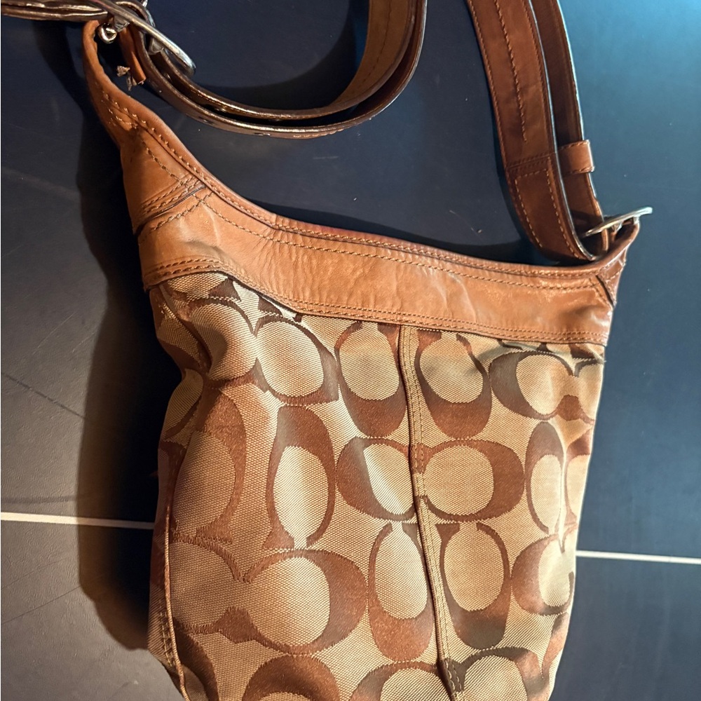 Coach Brown and Tan Signature Shoulder Bag with Leather Trim
